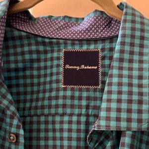 Tommy Bahama Turquoise and Navy Plaid Long Sleeve Shirt